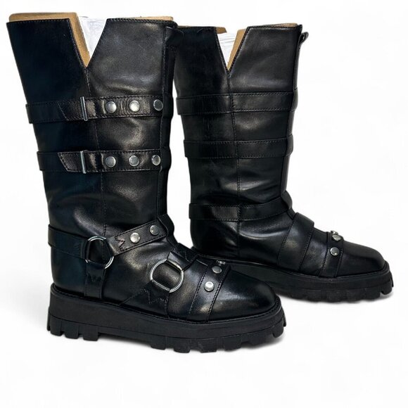 SCHUTZ Women's Iggy Black Leather Studded Combat Boots, 7B, NEW IN BOX - Picture 1 of 16